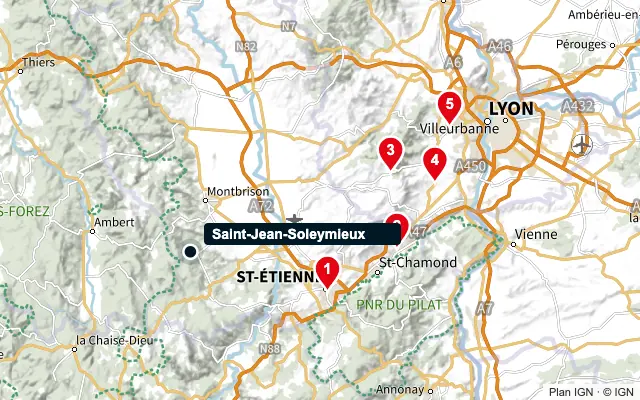Carte : Saint-Jean-Soleymieux et les 5 agences de la liste, numérotées de 1 à 5