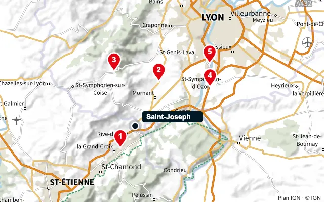 Carte : Saint-Joseph et les 5 agences de la liste, numérotées de 1 à 5