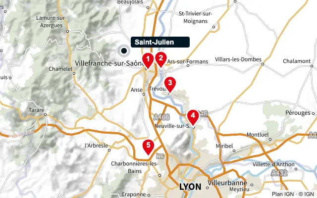 Carte : Saint-Julien et les 5 agences de la liste, numérotées de 1 à 5