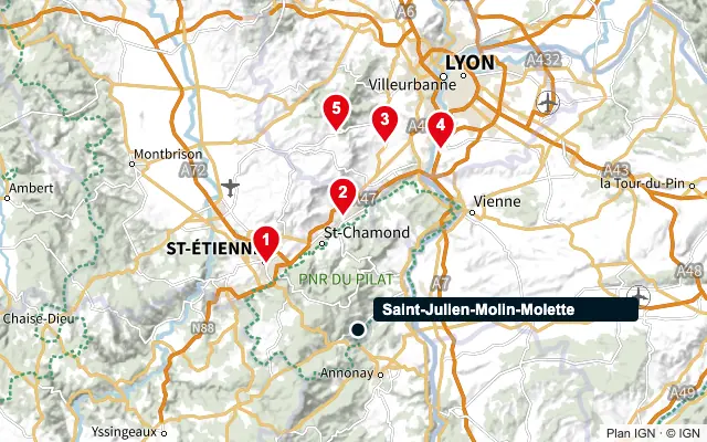 Carte : Saint-Julien-Molin-Molette et les 5 agences de la liste, numérotées de 1 à 5