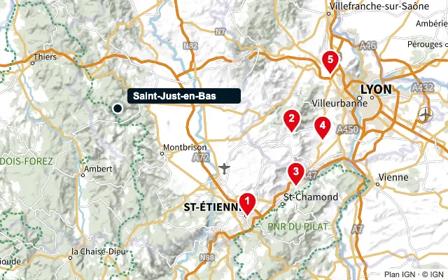 Carte : Saint-Just-en-Bas et les 5 agences de la liste, numérotées de 1 à 5