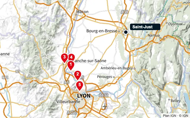 Carte : Saint-Just et les 5 agences de la liste, numérotées de 1 à 5