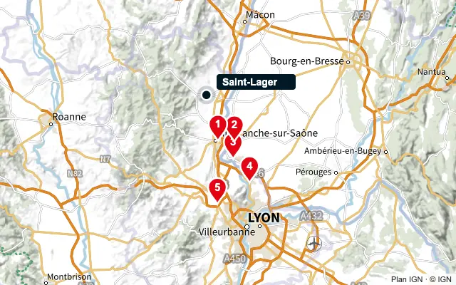 Carte : Saint-Lager et les 5 agences de la liste, numérotées de 1 à 5