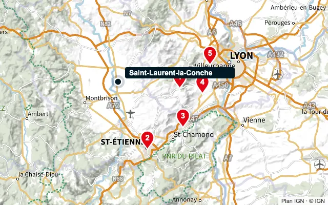Carte : Saint-Laurent-la-Conche et les 5 agences de la liste, numérotées de 1 à 5