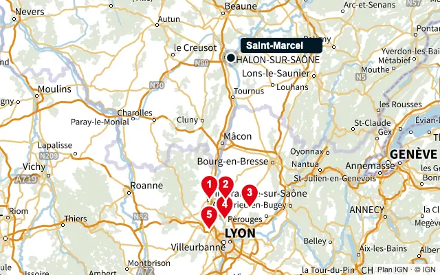 Carte : Saint-Marcel et les 5 agences de la liste, numérotées de 1 à 5