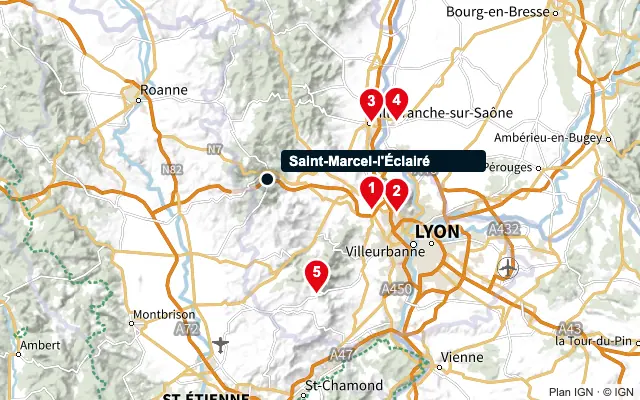 Carte : Saint-Marcel-l'Éclairé et les 5 agences de la liste, numérotées de 1 à 5