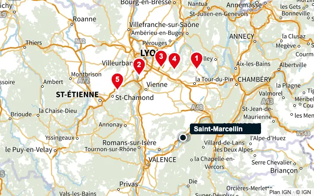 Carte : Saint-Marcellin et les 5 agences de la liste, numérotées de 1 à 5