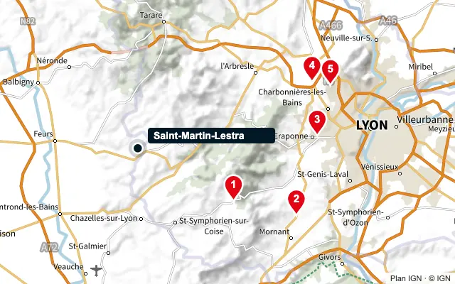 Carte : Saint-Martin-Lestra et les 5 agences de la liste, numérotées de 1 à 5