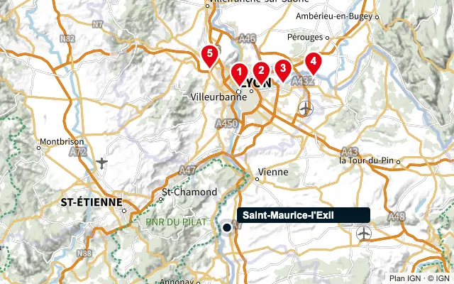 Carte : Saint-Maurice-l'Exil et les 5 agences de la liste, numérotées de 1 à 5