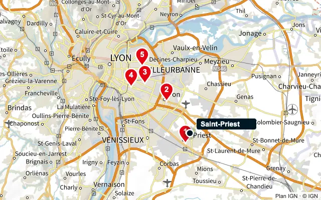 Carte : Saint-Priest et les 5 agences de la liste, numérotées de 1 à 5
