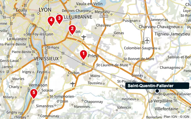 Carte : Saint-Quentin-Fallavier et les 5 agences de la liste, numérotées de 1 à 5