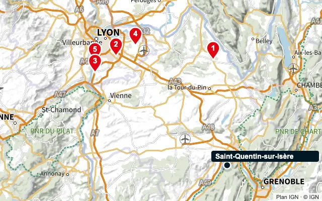 Carte : Saint-Quentin-sur-Isère et les 5 agences de la liste, numérotées de 1 à 5