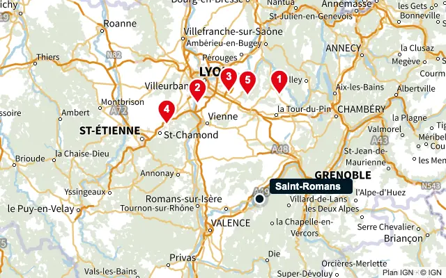 Carte : Saint-Romans et les 5 agences de la liste, numérotées de 1 à 5