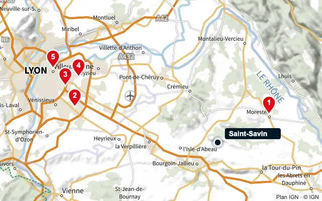 Carte : Saint-Savin et les 5 agences de la liste, numérotées de 1 à 5