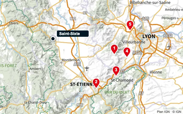 Carte : Saint-Sixte et les 5 agences de la liste, numérotées de 1 à 5