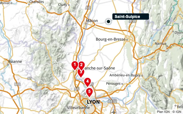 Carte : Saint-Sulpice et les 5 agences de la liste, numérotées de 1 à 5