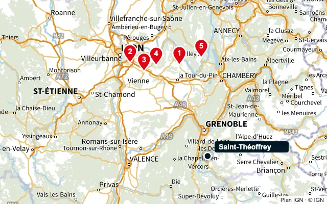 Carte : Saint-Théoffrey et les 5 agences de la liste, numérotées de 1 à 5