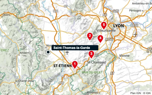 Carte : Saint-Thomas-la-Garde et les 5 agences de la liste, numérotées de 1 à 5