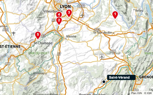 Carte : Saint-Vérand et les 5 agences de la liste, numérotées de 1 à 5