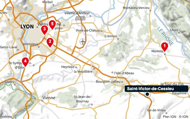 Carte : Saint-Victor-de-Cessieu et les 5 agences de la liste, numérotées de 1 à 5