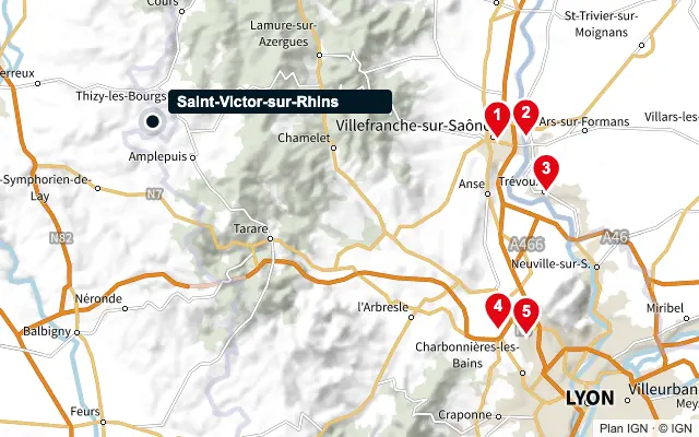 Carte : Saint-Victor-sur-Rhins et les 5 agences de la liste, numérotées de 1 à 5