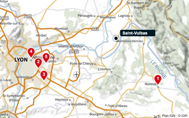 Carte : Saint-Vulbas et les 5 agences de la liste, numérotées de 1 à 5