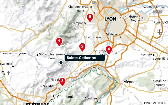 Carte : Sainte-Catherine et les 5 agences de la liste, numérotées de 1 à 5