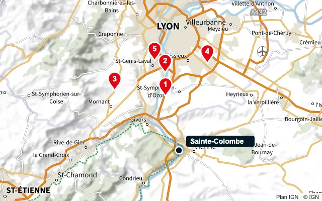 Carte : Sainte-Colombe et les 5 agences de la liste, numérotées de 1 à 5