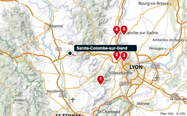 Carte : Sainte-Colombe-sur-Gand et les 5 agences de la liste, numérotées de 1 à 5