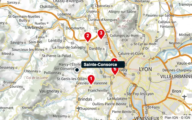 Carte : Sainte-Consorce et les 5 agences de la liste, numérotées de 1 à 5