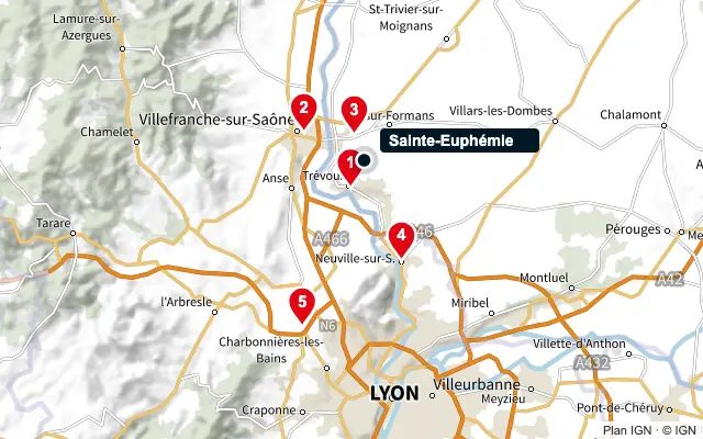 Carte : Sainte-Euphémie et les 5 agences de la liste, numérotées de 1 à 5