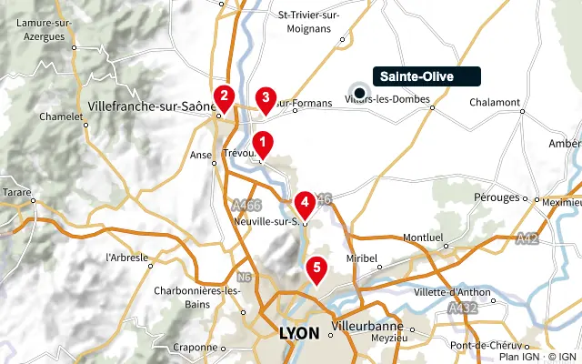 Carte : Sainte-Olive et les 5 agences de la liste, numérotées de 1 à 5