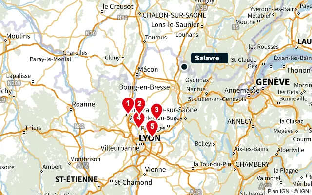 Carte : Salavre et les 5 agences de la liste, numérotées de 1 à 5