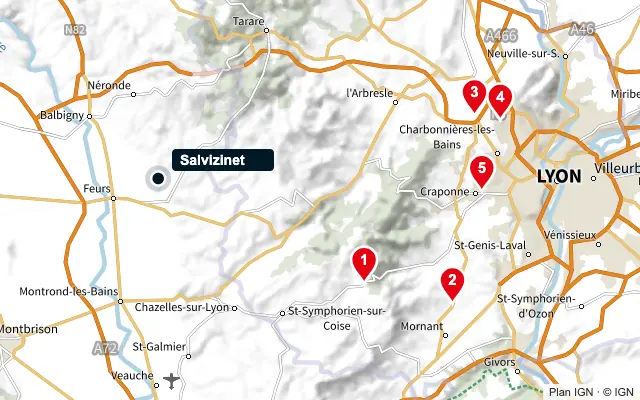Carte : Salvizinet et les 5 agences de la liste, numérotées de 1 à 5