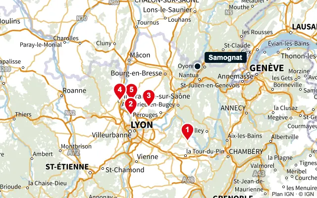 Carte : Samognat et les 5 agences de la liste, numérotées de 1 à 5