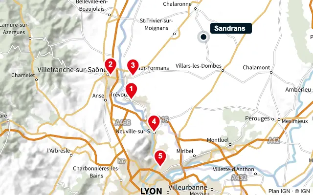 Carte : Sandrans et les 5 agences de la liste, numérotées de 1 à 5