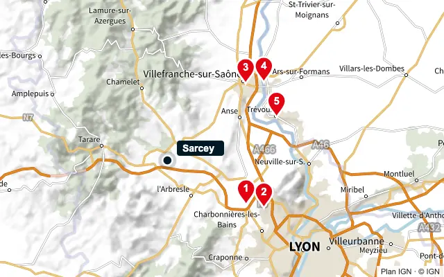 Carte : Sarcey et les 5 agences de la liste, numérotées de 1 à 5