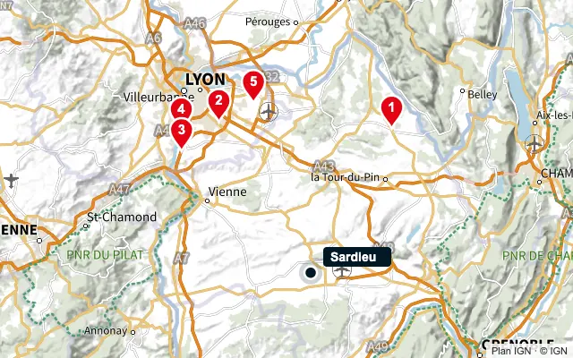 Carte : Sardieu et les 5 agences de la liste, numérotées de 1 à 5