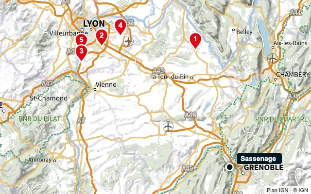 Carte : Sassenage et les 5 agences de la liste, numérotées de 1 à 5