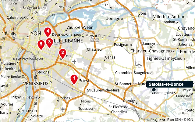 Carte : Satolas-et-Bonce et les 5 agences de la liste, numérotées de 1 à 5