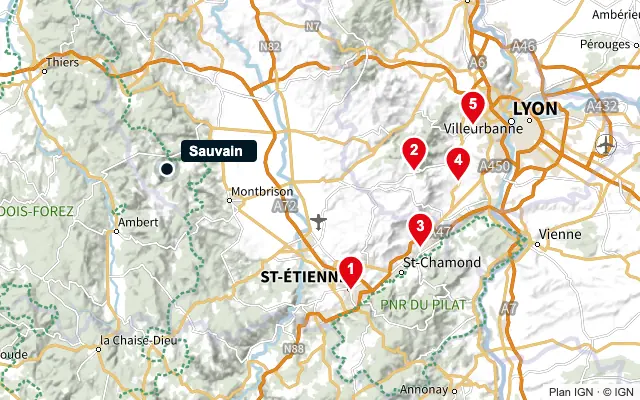 Carte : Sauvain et les 5 agences de la liste, numérotées de 1 à 5