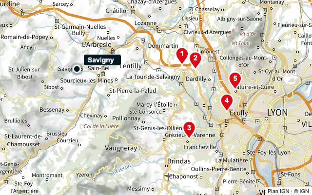 Carte : Savigny et les 5 agences de la liste, numérotées de 1 à 5