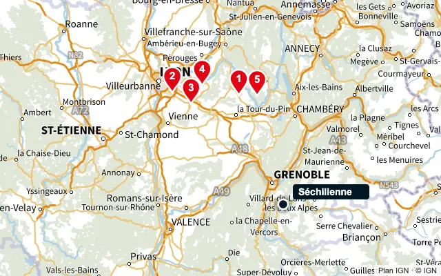 Carte : Séchilienne et les 5 agences de la liste, numérotées de 1 à 5