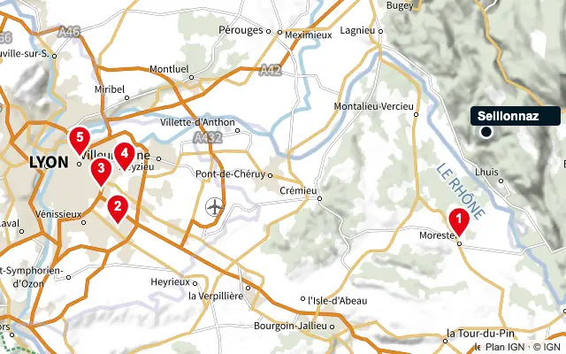 Carte : Seillonnaz et les 5 agences de la liste, numérotées de 1 à 5