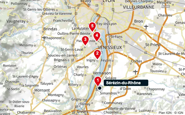 Carte : Sérézin-du-Rhône et les 5 agences de la liste, numérotées de 1 à 5