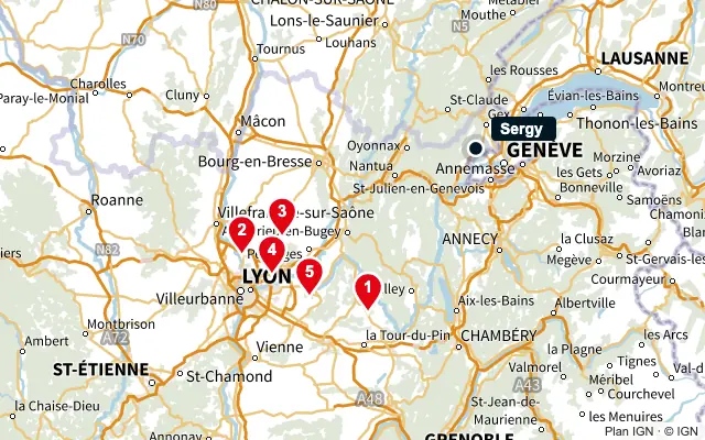 Carte : Sergy et les 5 agences de la liste, numérotées de 1 à 5