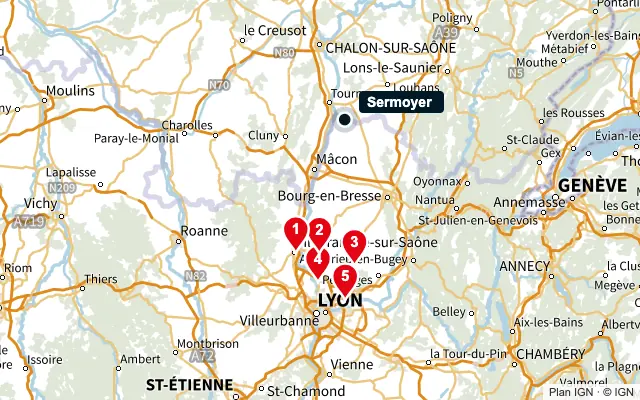 Carte : Sermoyer et les 5 agences de la liste, numérotées de 1 à 5