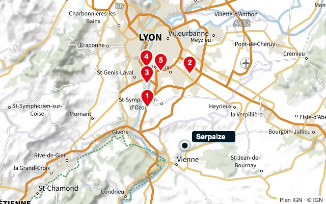 Carte : Serpaize et les 5 agences de la liste, numérotées de 1 à 5