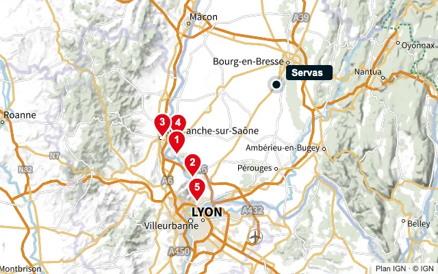 Carte : Servas et les 5 agences de la liste, numérotées de 1 à 5