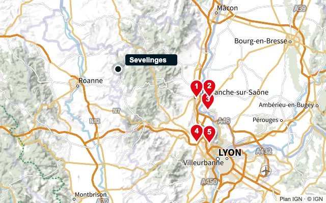 Carte : Sevelinges et les 5 agences de la liste, numérotées de 1 à 5